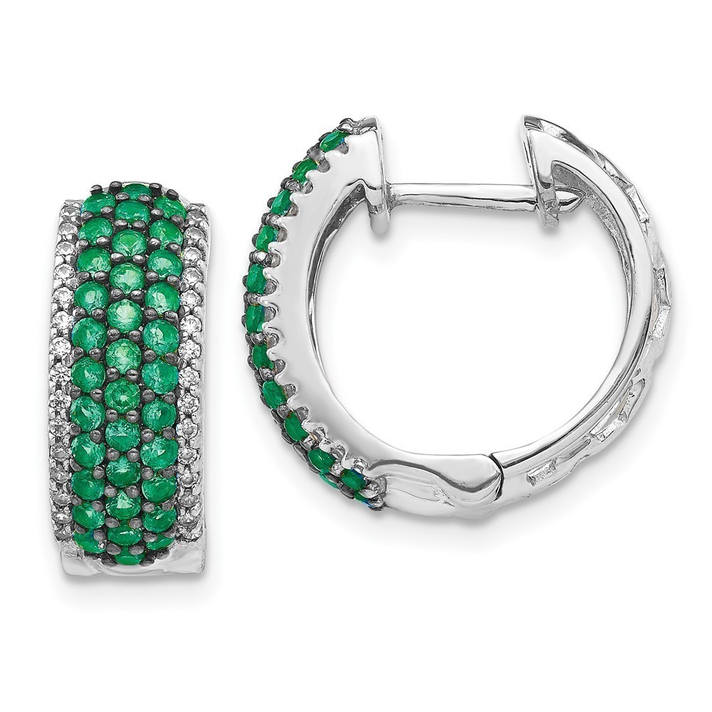 14k White Gold Diamond and Emerald Hinged Hoop Earrings 17 L x 18 mm W